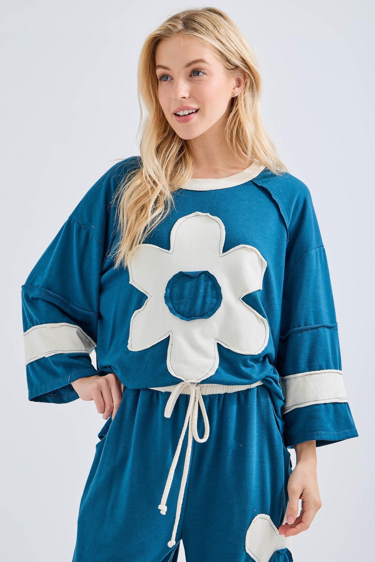 Teal Mineral Washed Flower Patch 3/4 Length Top by J. Her