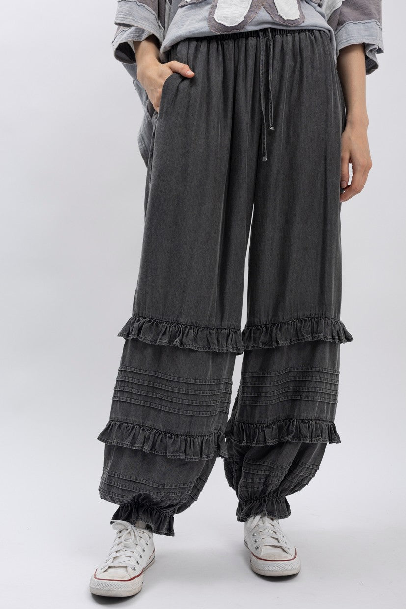 Black Elastic Waist Jogger Pants with Tiered Ruffle by BlueVelvet
