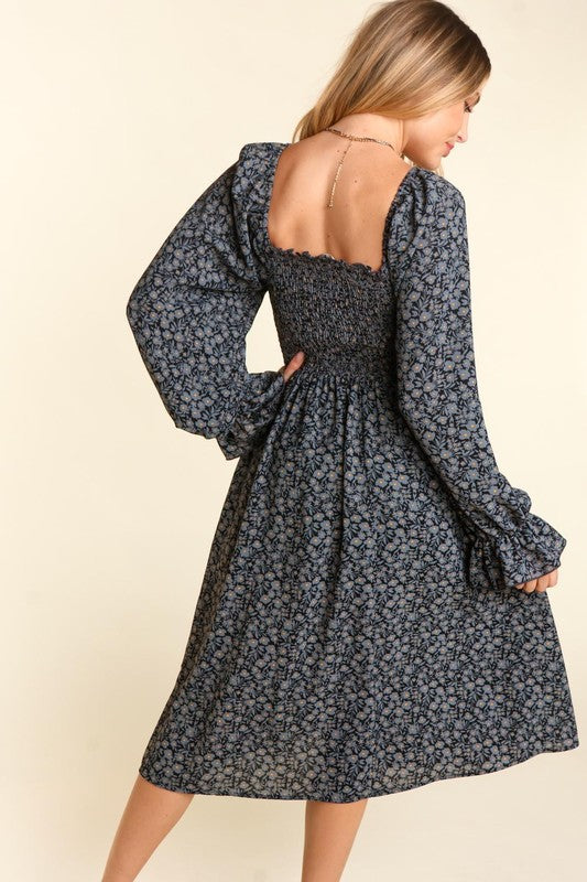 10233- Charcoal Square Smocked Neck With Ruffle Fit and Long Sleeves Dress
