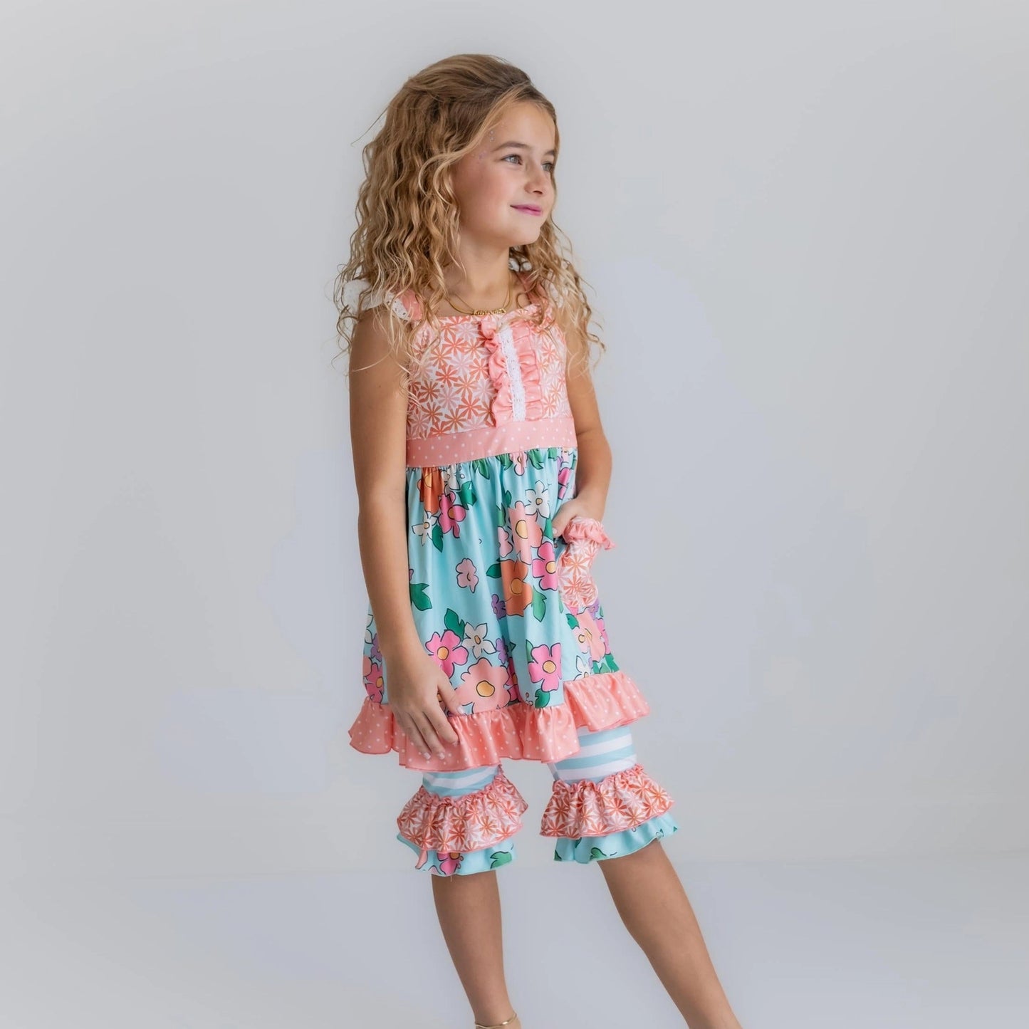 Peach & Teal Floral Outfit w/ Ruffle Base *KIDS*