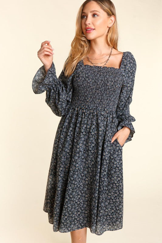 10233- Charcoal Square Smocked Neck With Ruffle Fit and Long Sleeves Dress