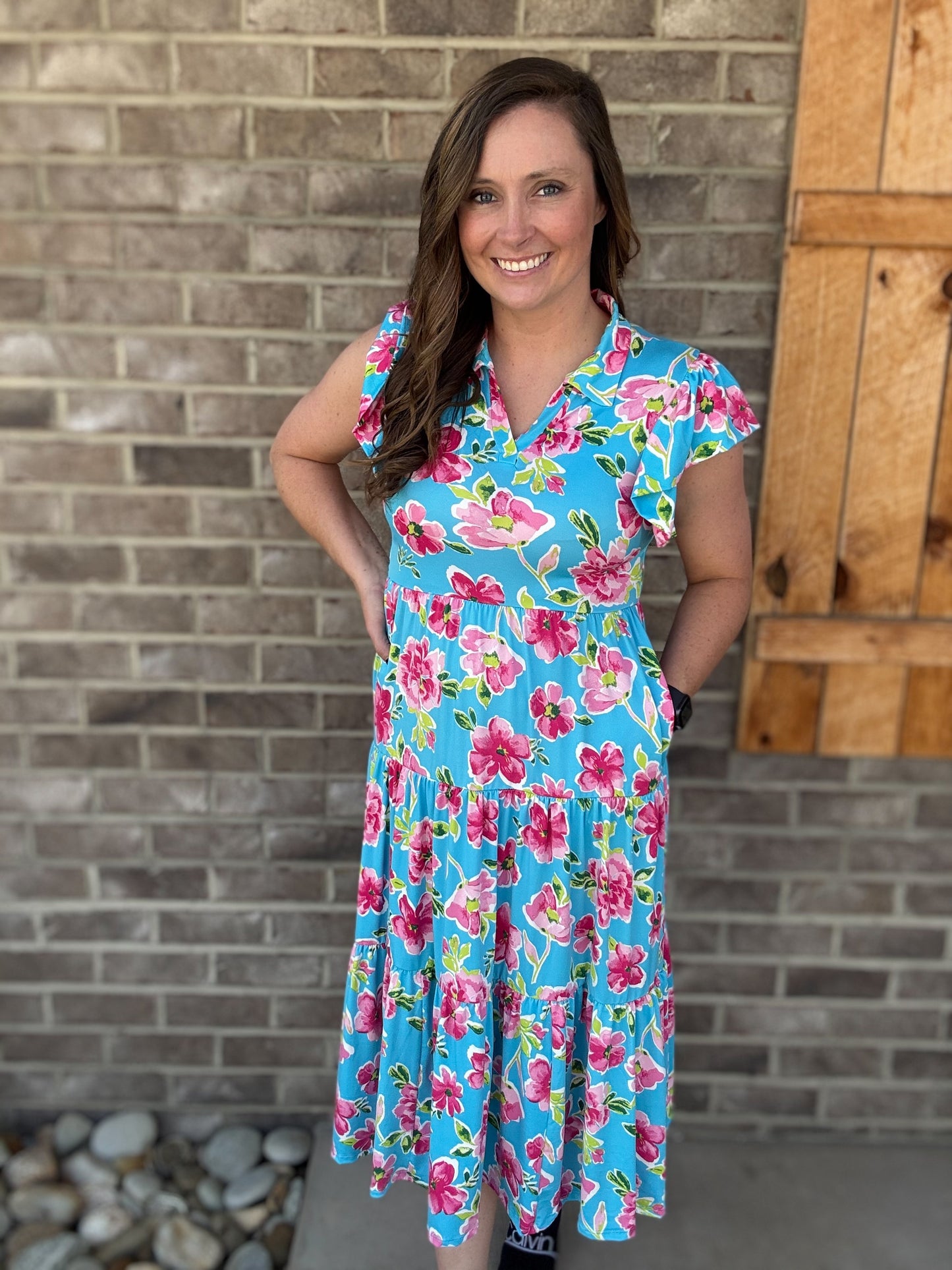 Aqua Collared Notch Neck Midi Dress w/ Pockets by Haptics