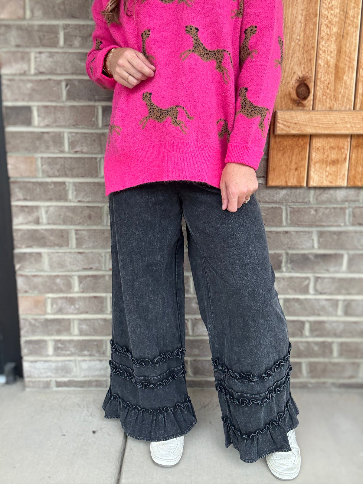 Ash Black Ruffle Trim Mineral Wash Wide Leg Pants