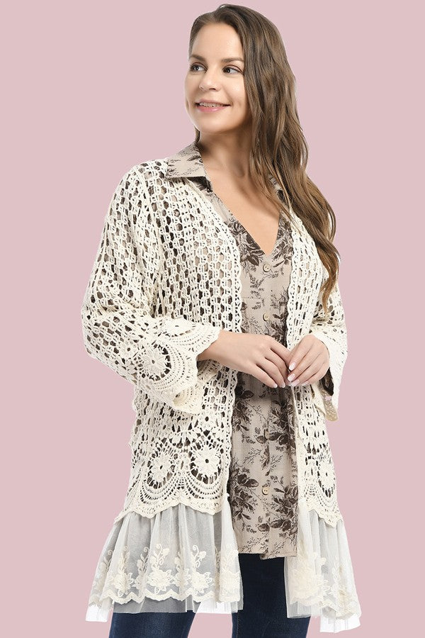 3820- Beige Crochet 3/4 Sleeve Cardigan w/ Lace Detail