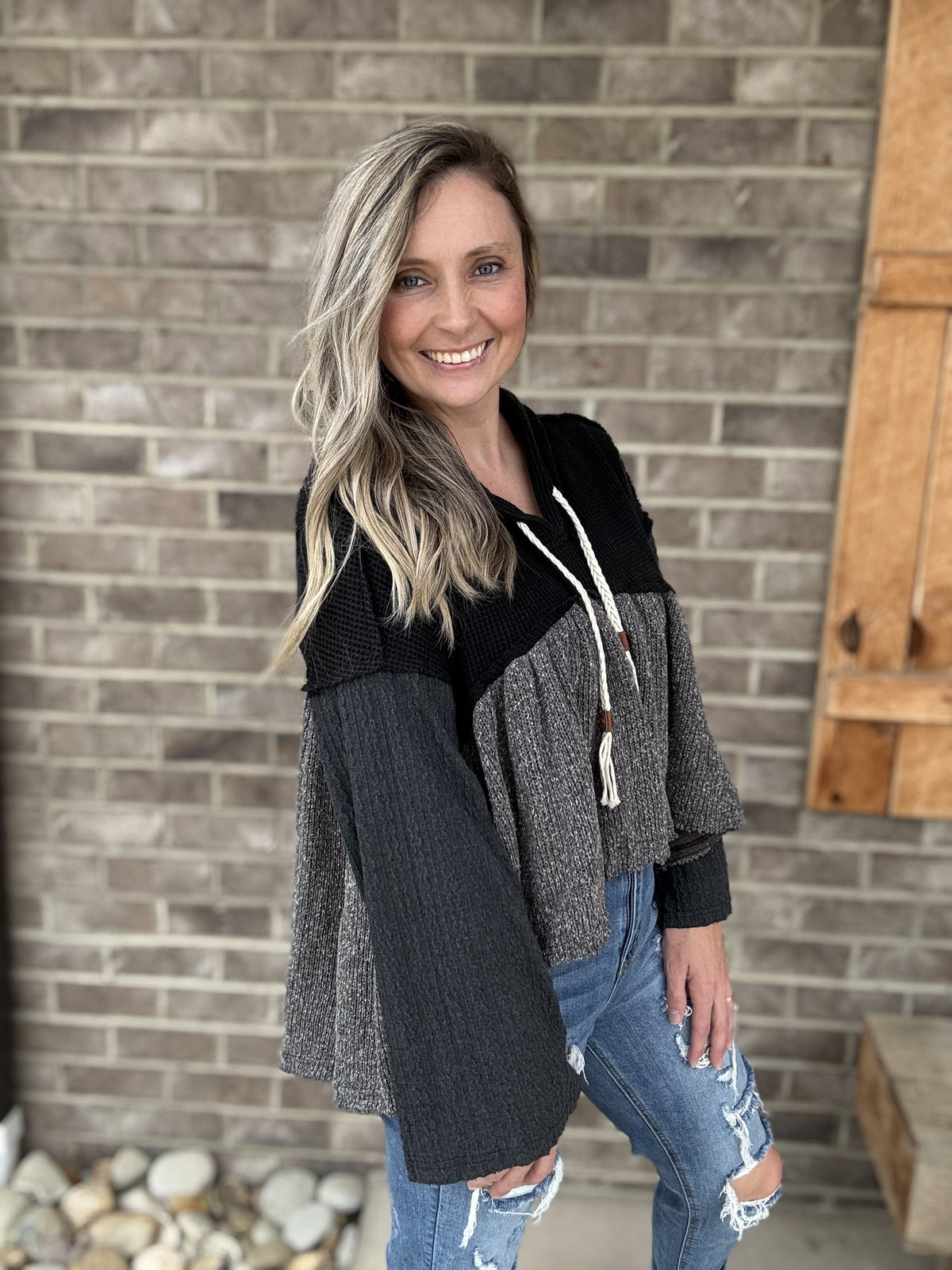 3702- Black Waffle High Low Crop Top W/ Long SLeeves