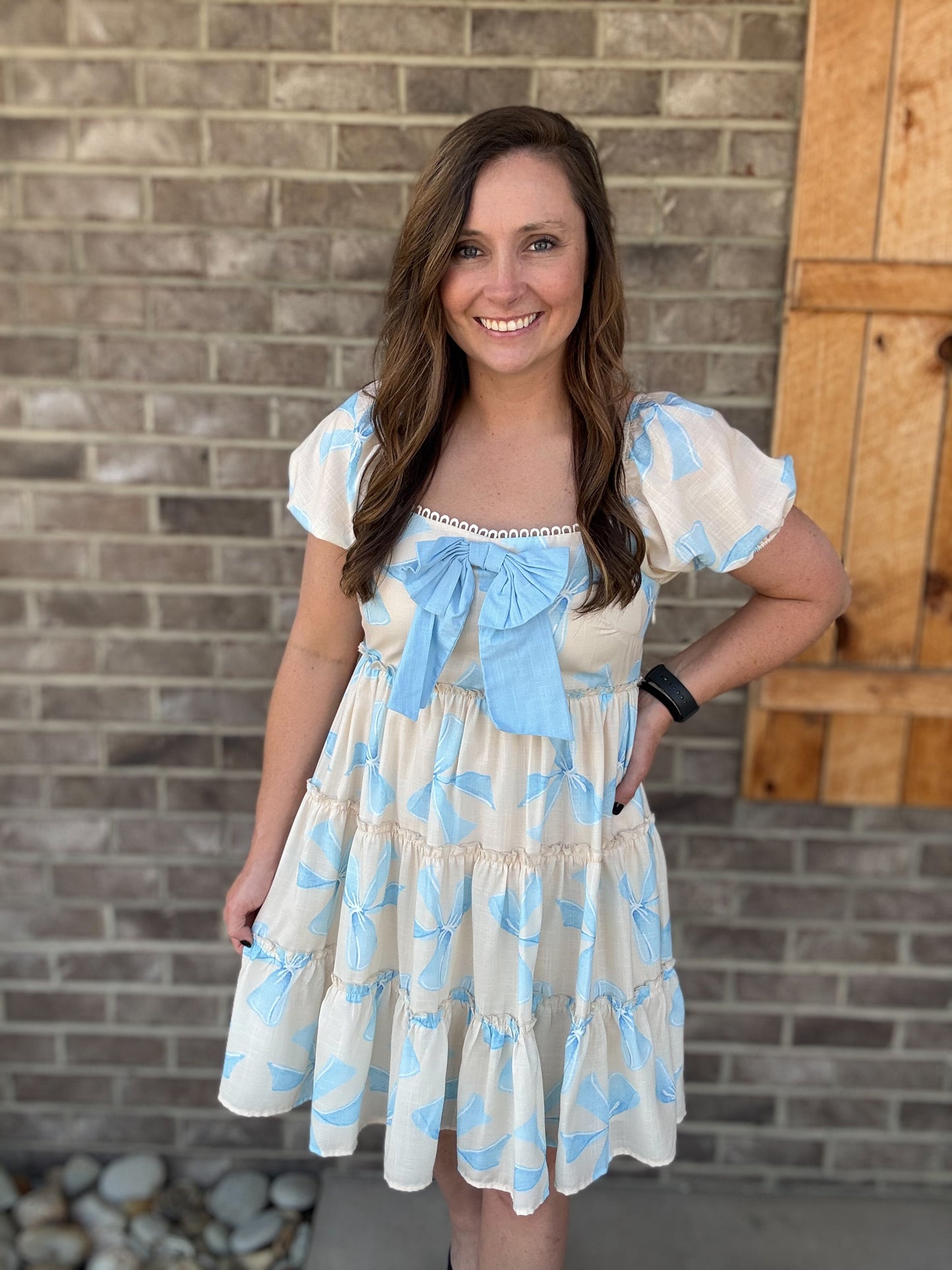 Blue Bow Print Puff Short Sleeve Smocked Back Dress