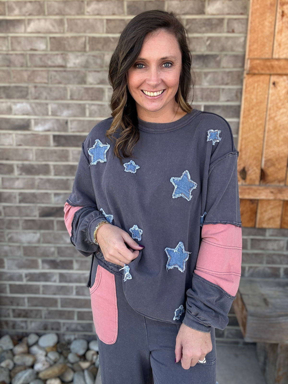 Blue Gray Star Patch Detailing Washed Terry Pullover by Easel
