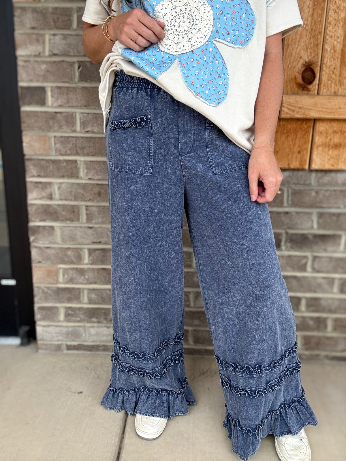 Blueberry Ruffle Trim Mineral Wash Wide Leg Pants