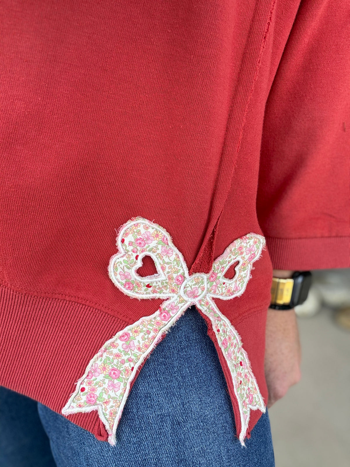 Boho Red Bow Patch Bottom Hem Washed French Terry Pullover by Easel