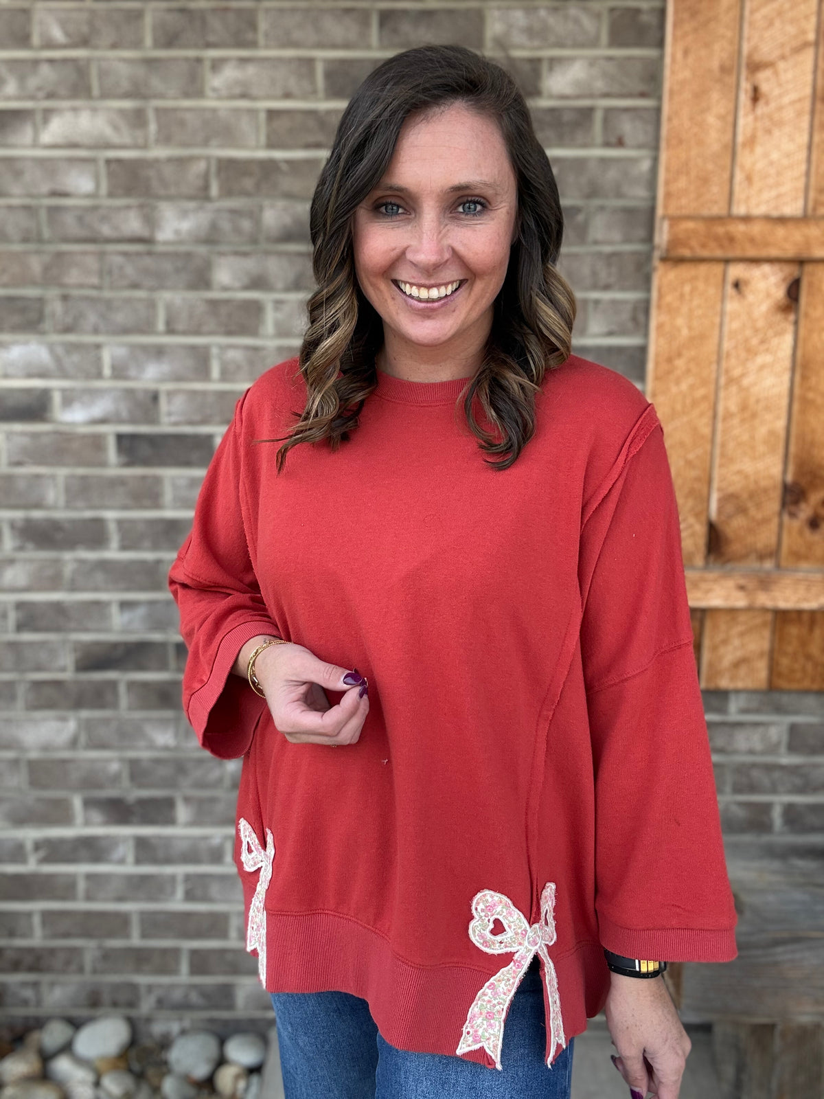 Boho Red Bow Patch Bottom Hem Washed French Terry Pullover by Easel