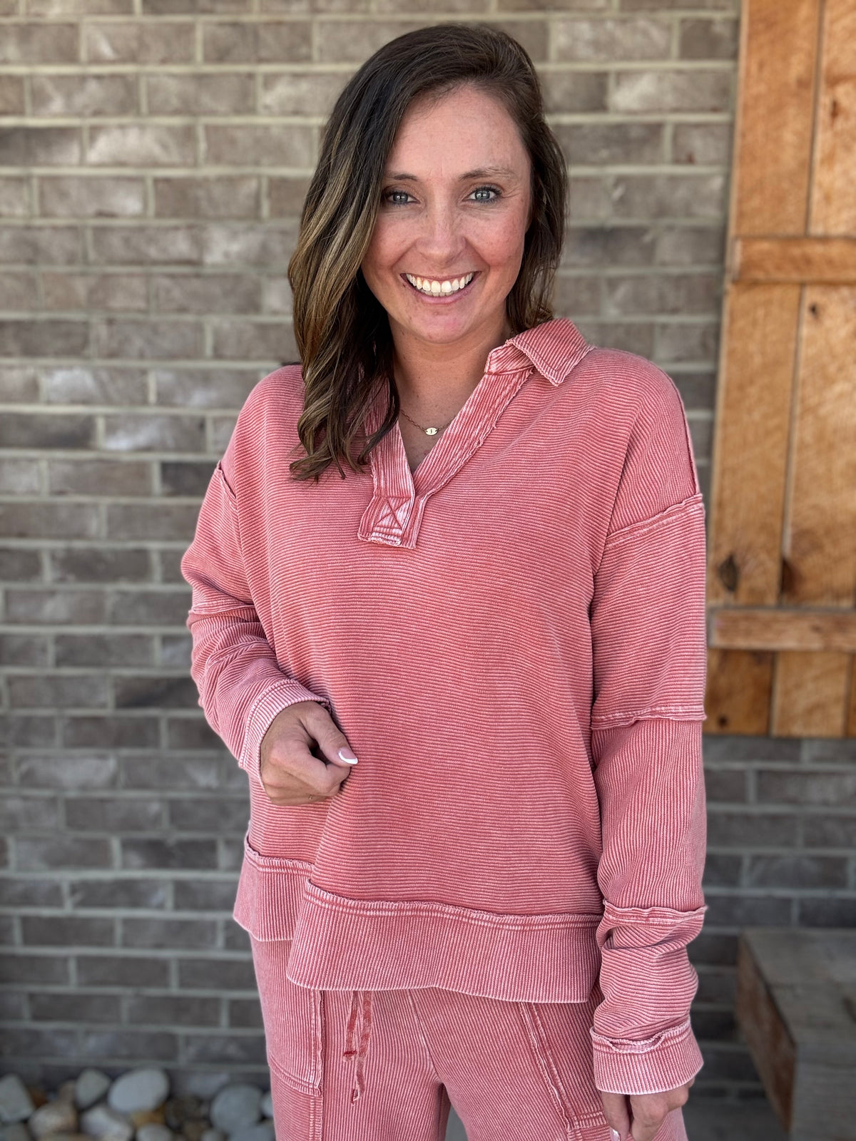 Boho Red Textured Thermal Washed Pullover by Easel
