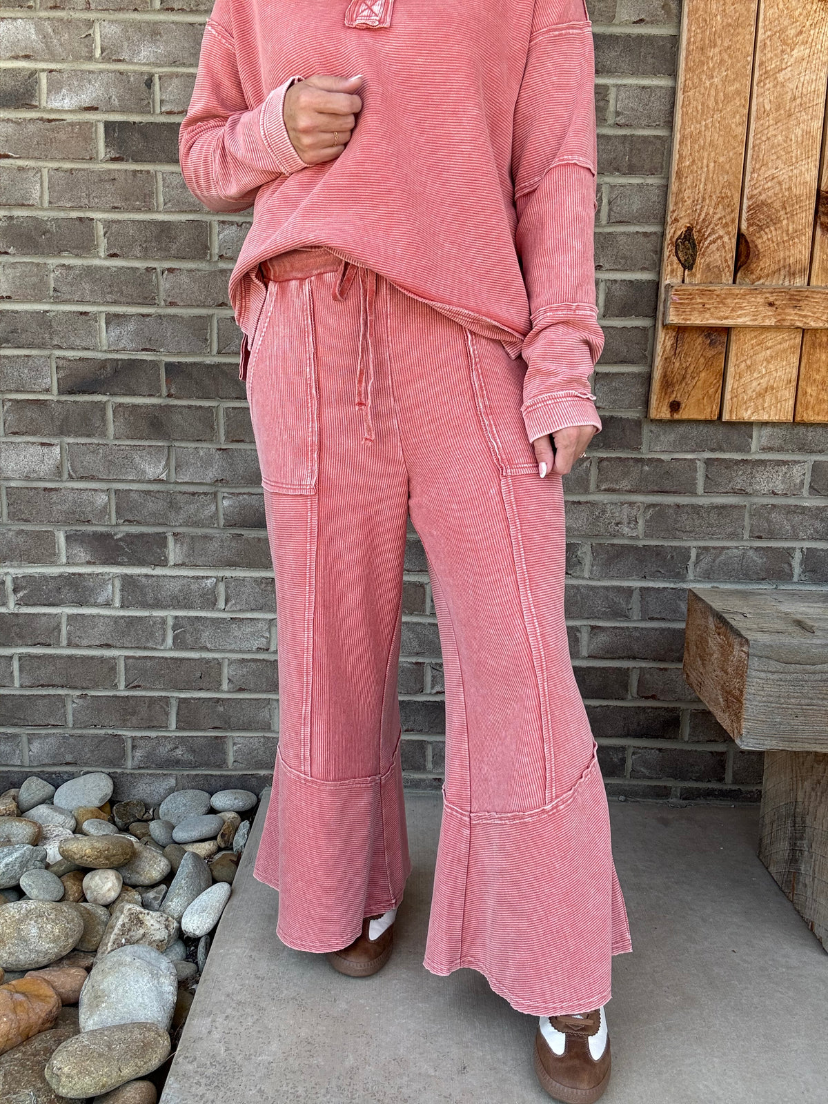 Boho Red Textured Mineral Washed Bell Bottom Pants by Easel