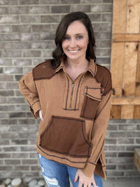 3824- Brown Thermal Knit Top with Kangroo Pouch And Zipper Pullover by POL