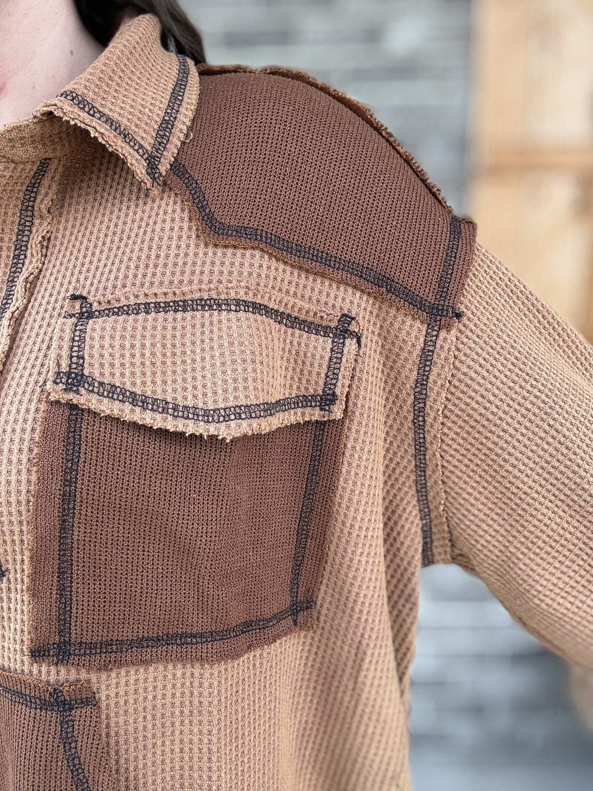 3824- Brown Thermal Knit Top with Kangroo Pouch And Zipper Pullover by POL