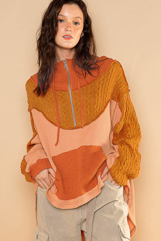 3706- Burnt Topaz Hooded Turtleneck Long Sleeve Top