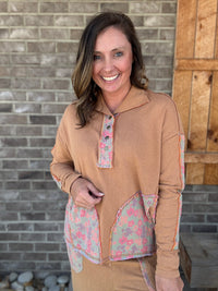 Camel Floral Print Mock Neck Washed Terry Pullover by Easel