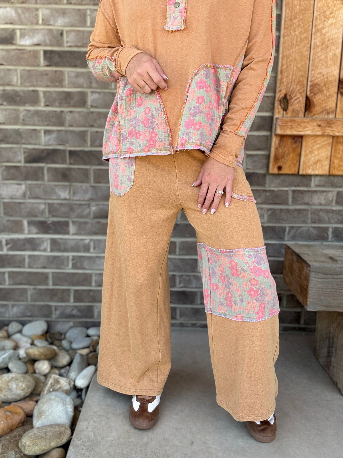 Camel Print Mix Mineral Washed French Terry Pants by Easel