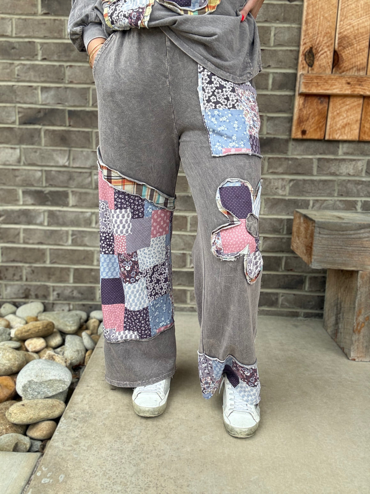 Charcoal Mineral Washed Boho Daisy Patch Pants by J. Her