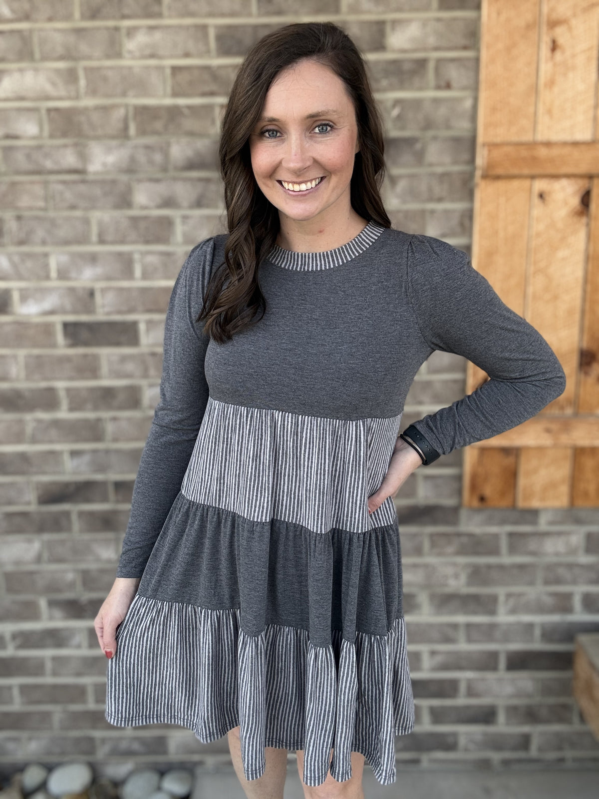 3835- Charcoal Stripe Color Block Dres w/ Long Sleeves