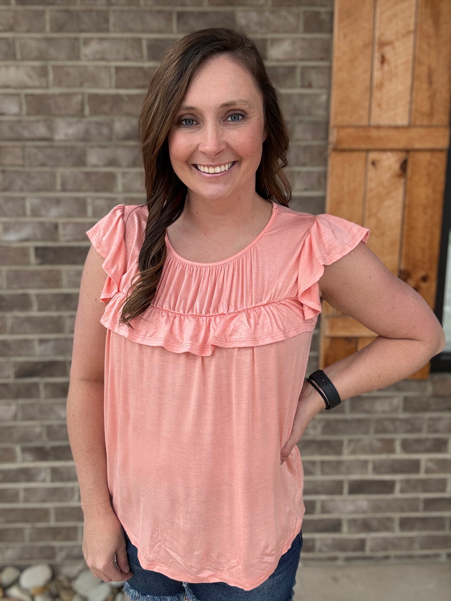 Coral Jersey Knit Gathered Top w/ Ruffle Sleeves