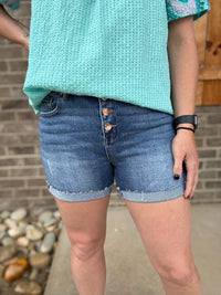 Dark Wash High Rise Button Down Turn Up Cuff Shorts by Risen