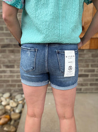 Dark Wash High Rise Button Down Turn Up Cuff Shorts by Risen
