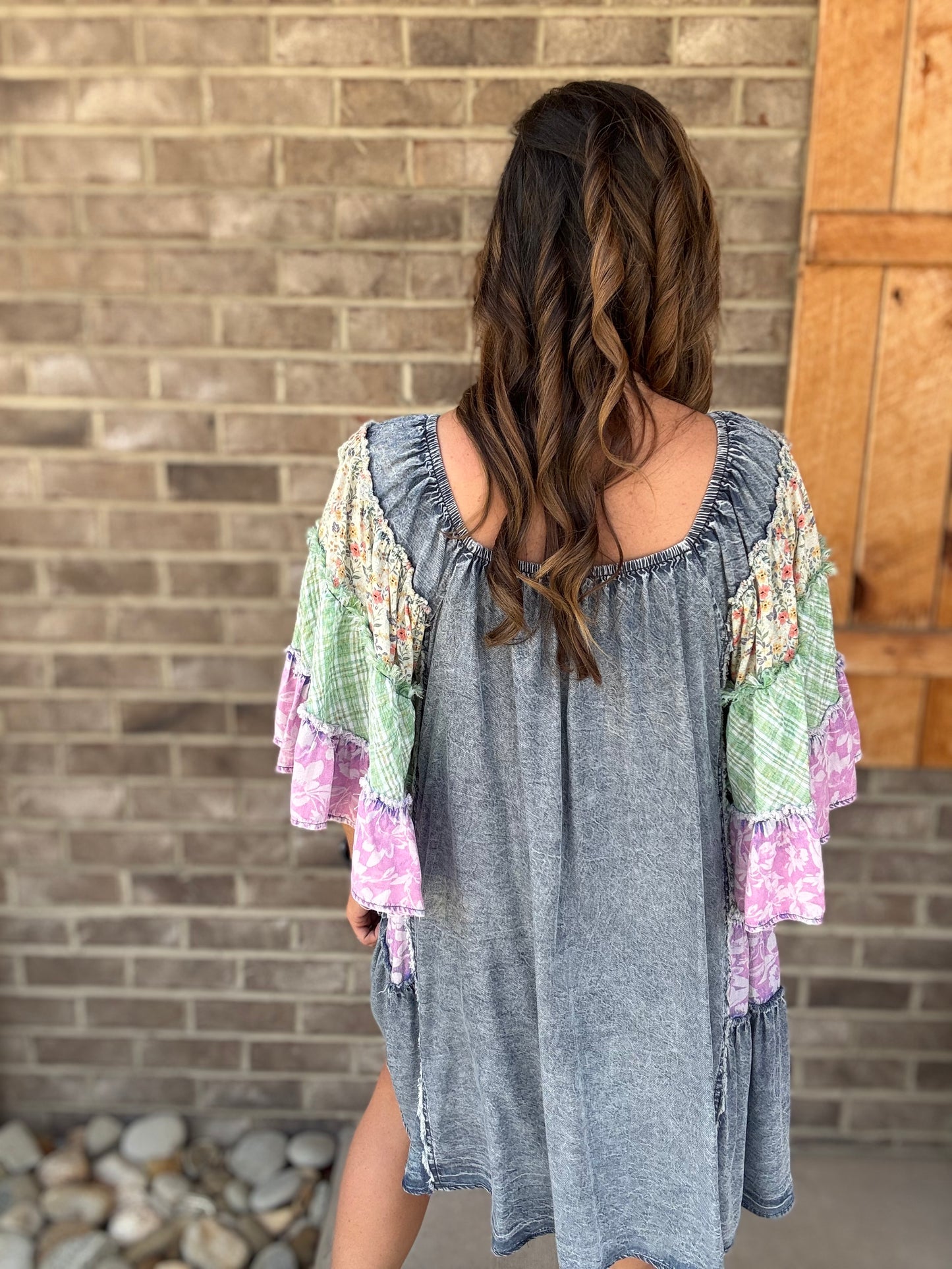 Denim Washed Mix Printed Tiered Ruffle Tunic Top by Oli & Hali