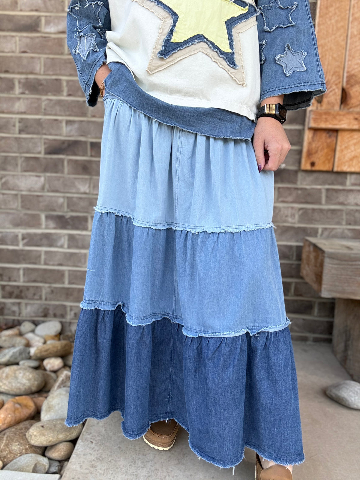 Denim Blue Color Block Mix Tiered Maxi Shirt w/ Elastic Waist by Easel