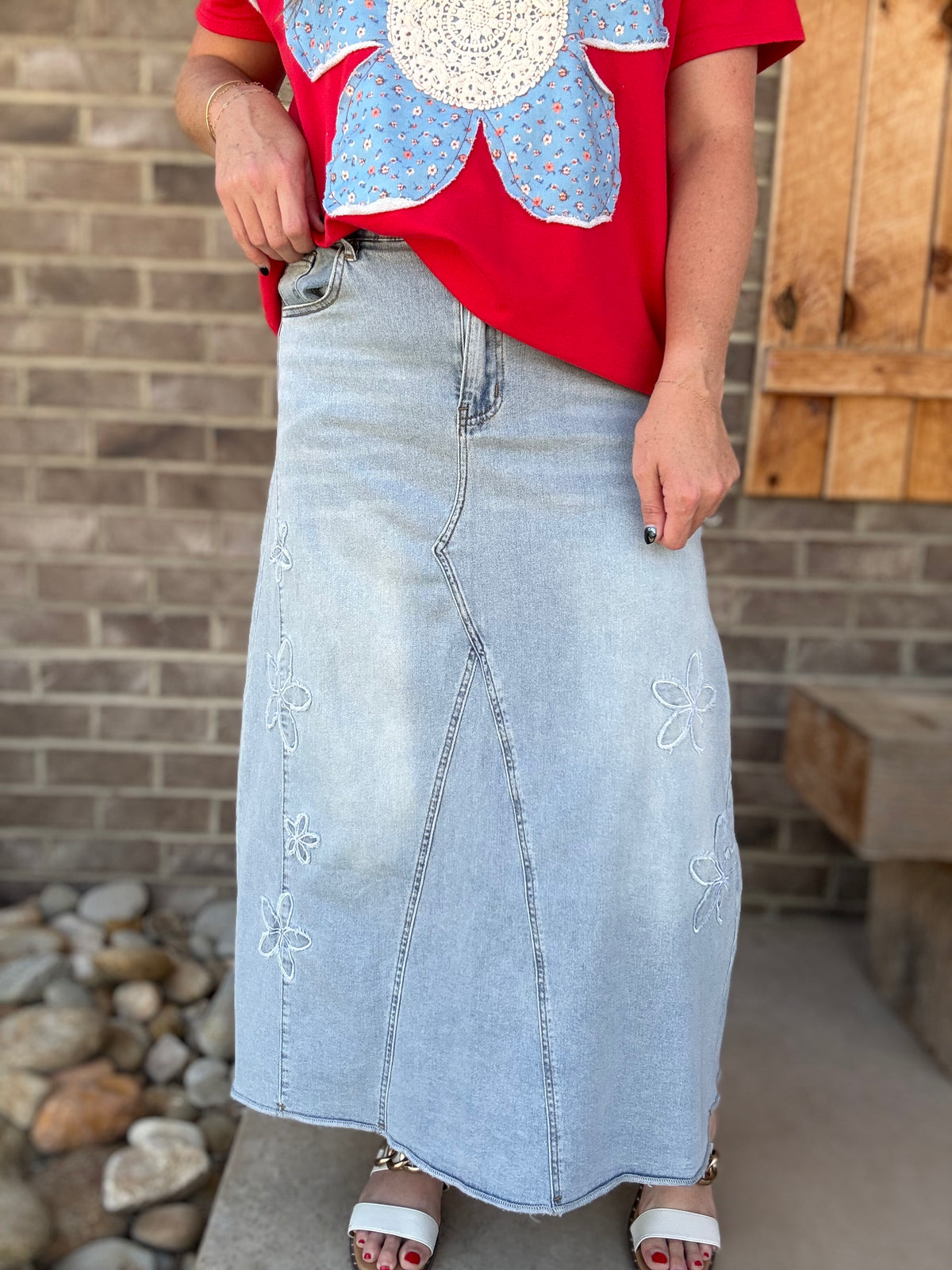 Denim Flower Maxi Skirt by Bluevelvet