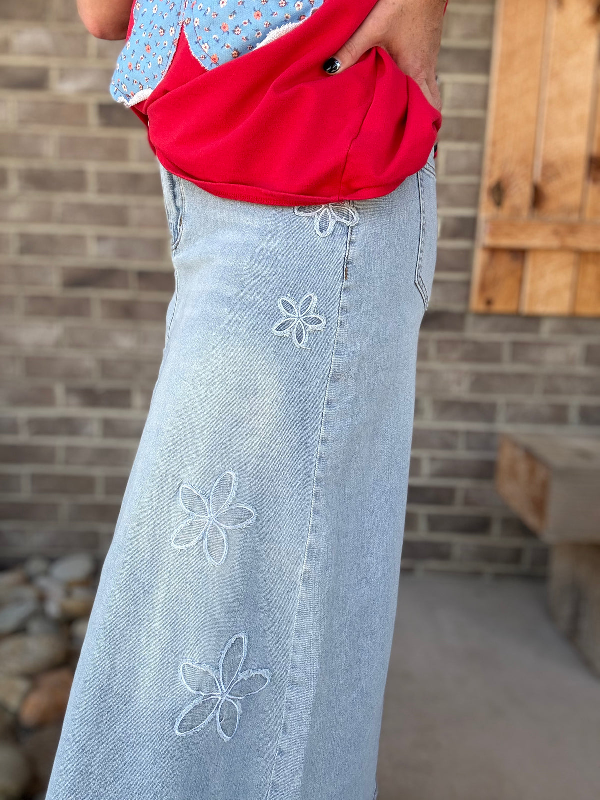 Denim Flower Maxi Skirt by Bluevelvet4