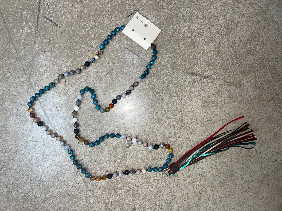 2684- Mix Neutral Beaded Necklace w/ Colorful Fringe