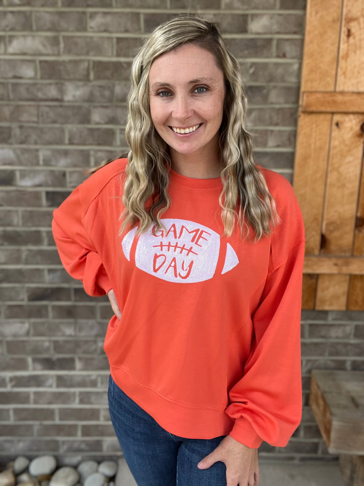 2807- Orange & White Sequin Simply Game Day Long Sleeve Sweater *TN COLLECTION*