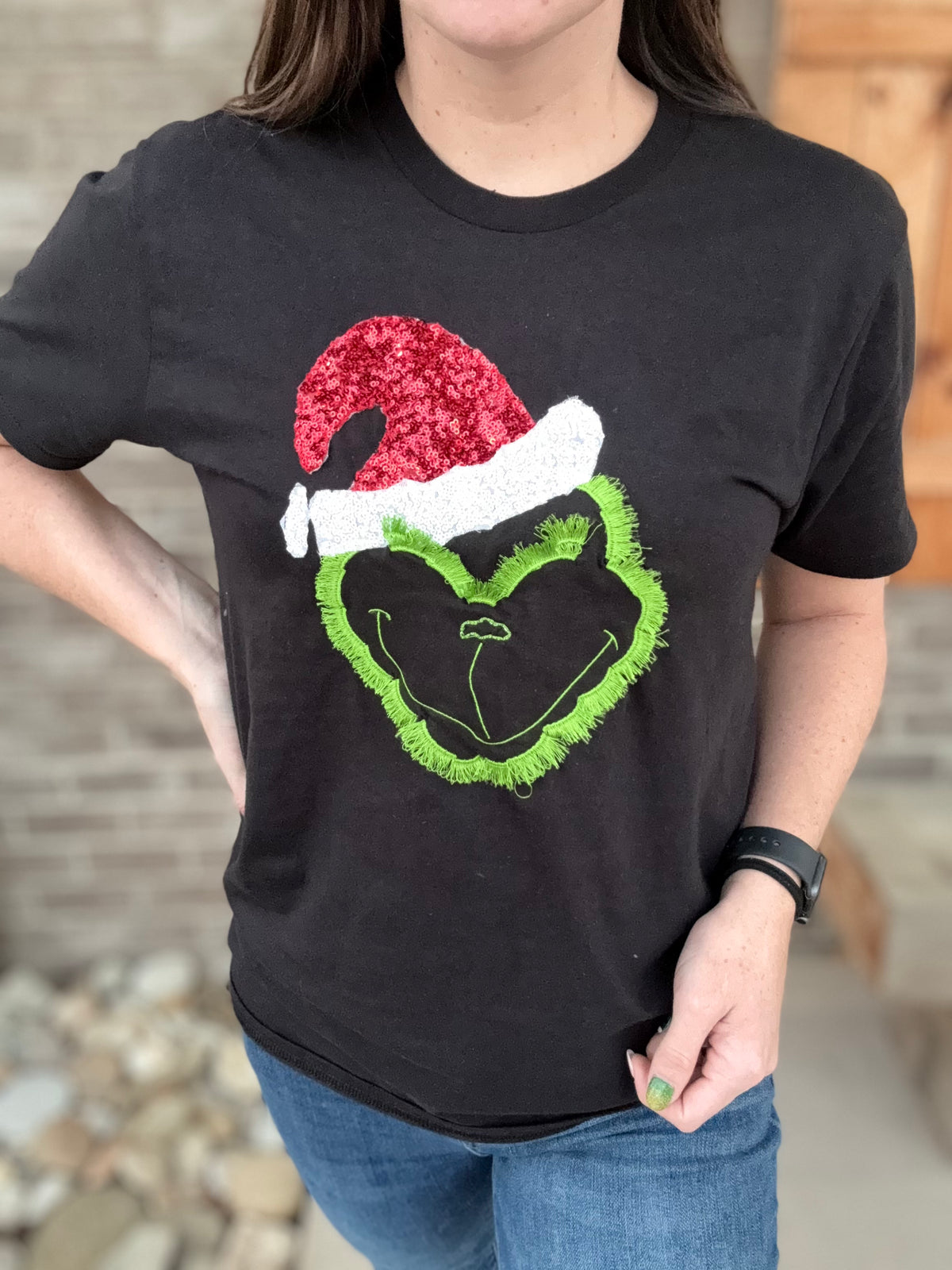 8379- *available in YOUTH & adult* Grinch Embroidered Short Sleeve Tee w/ Sequin Hat by The White Stitch