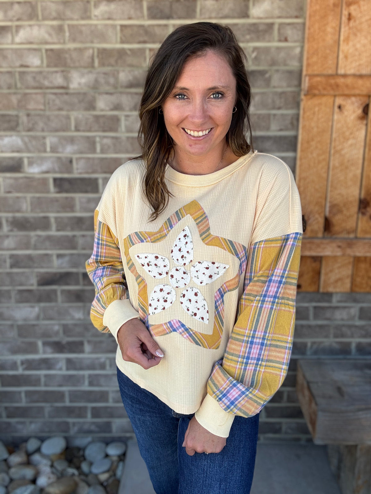 Golden Yellow Star Flower Patch Shirt w/ Plaid Sleeve Detail