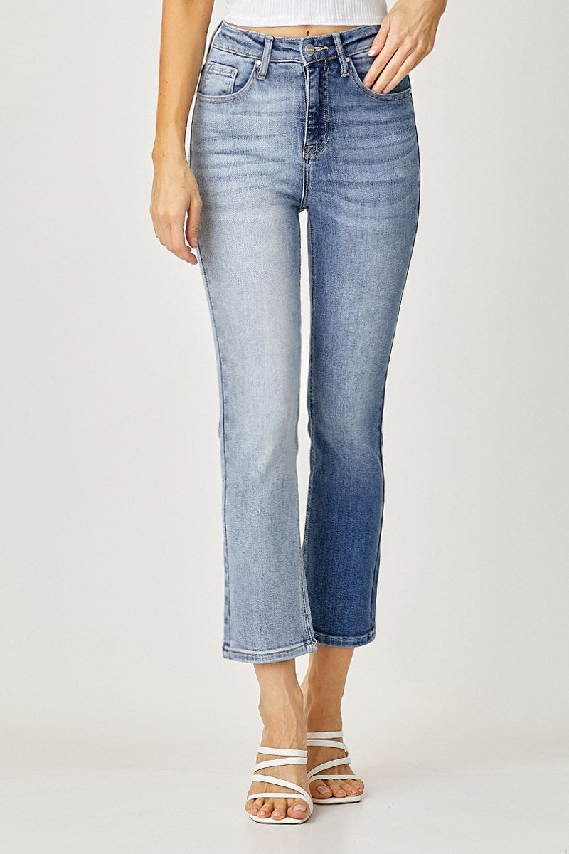 2375- High Rise Crop Straight Two Tone Jeans
