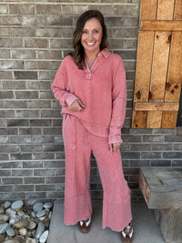 Boho Red Textured Mineral Washed Bell Bottom Pants by Easel