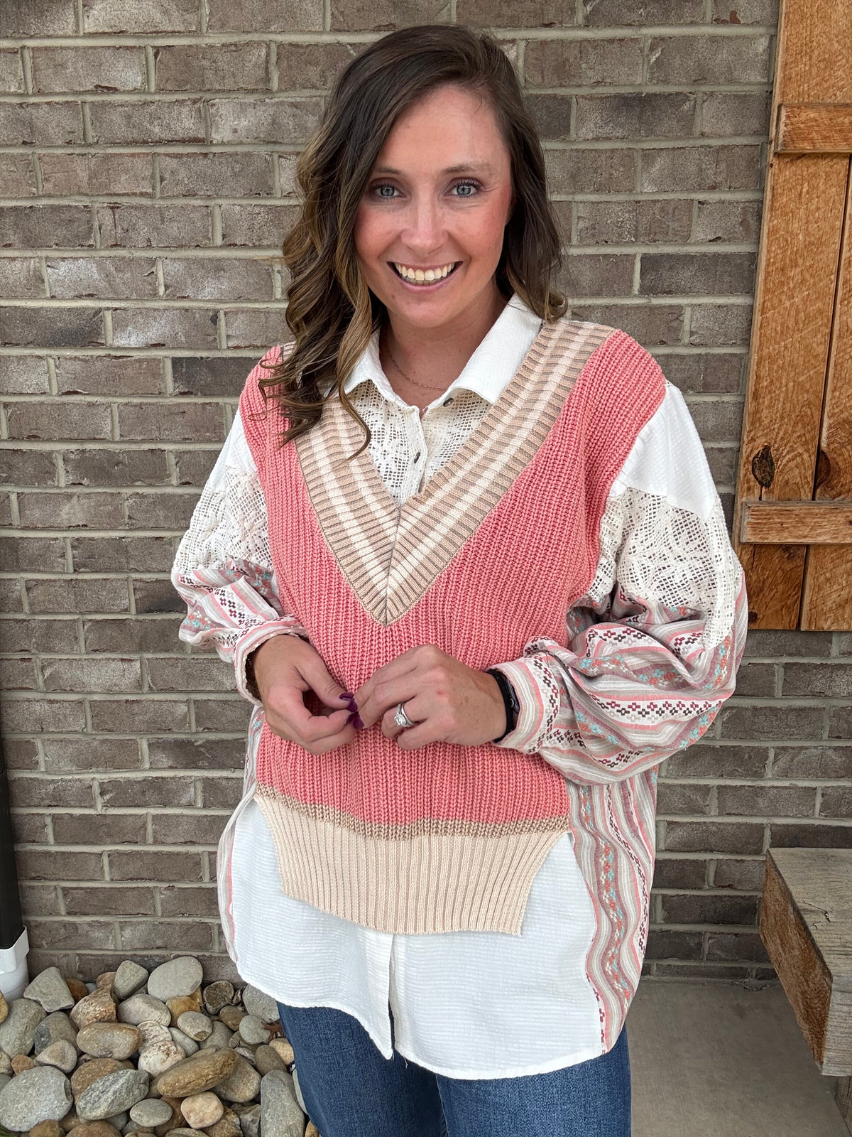 Taupe & Pink Washed Oversized Button Front Shirt with Sweater Vest by Oli & Hali
