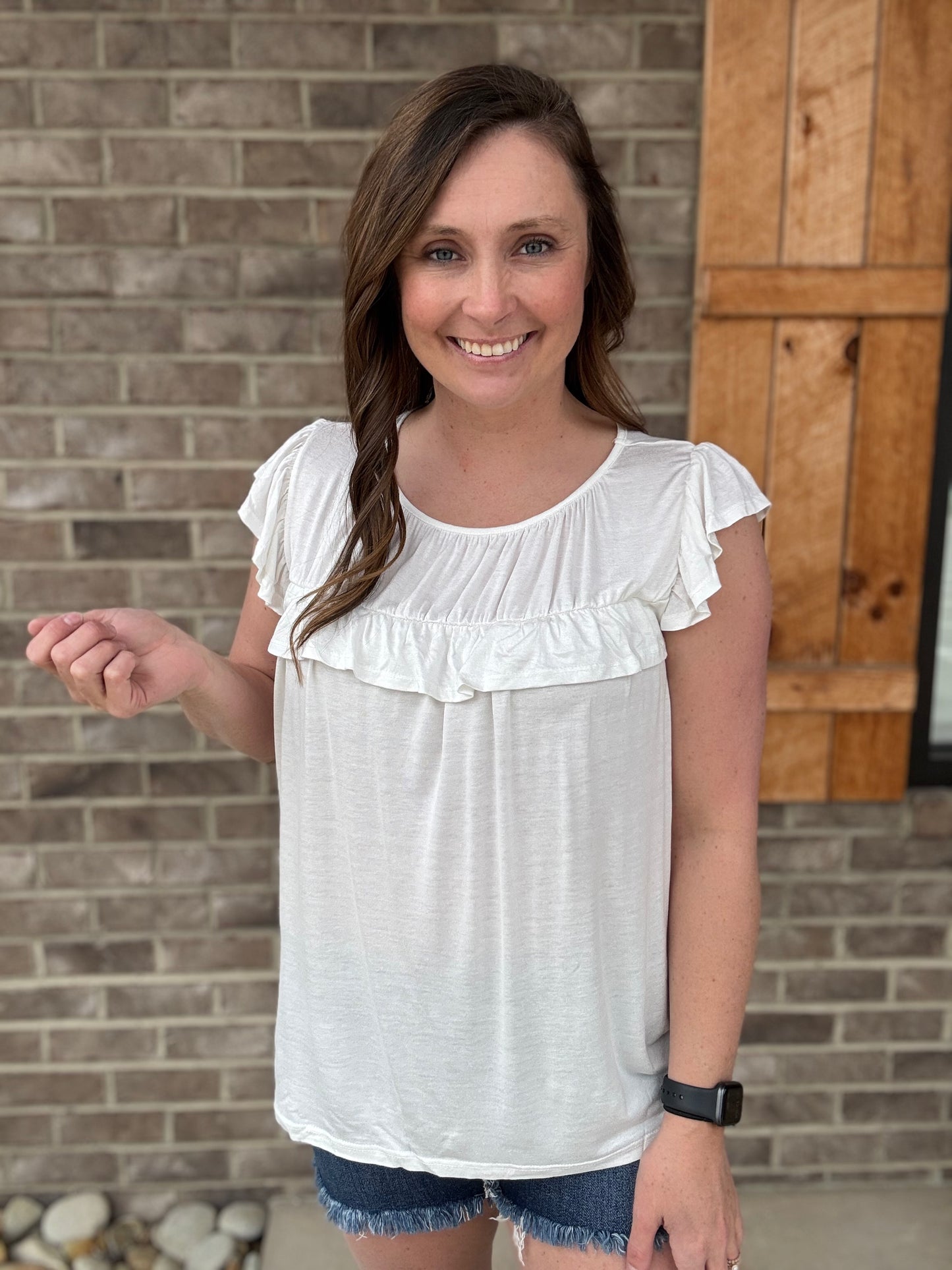 Ivory Jersey Knit Gathered Top w/ Ruffle Sleeves