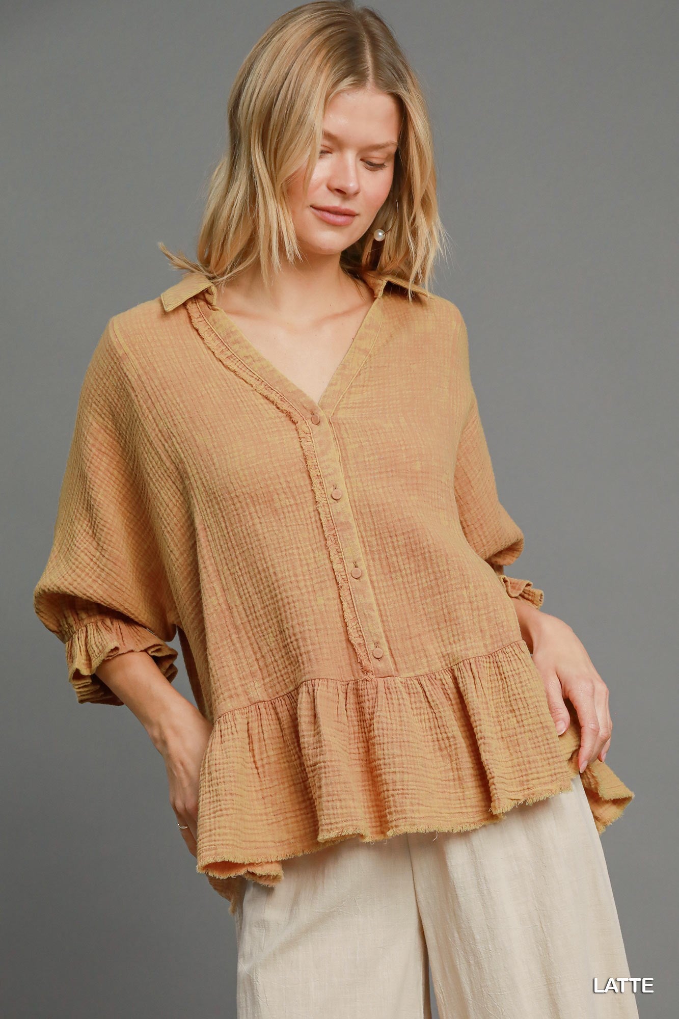 Latte Mineral Wash Cotten Gauze 3/4 Length Sleeve Top by Umgee