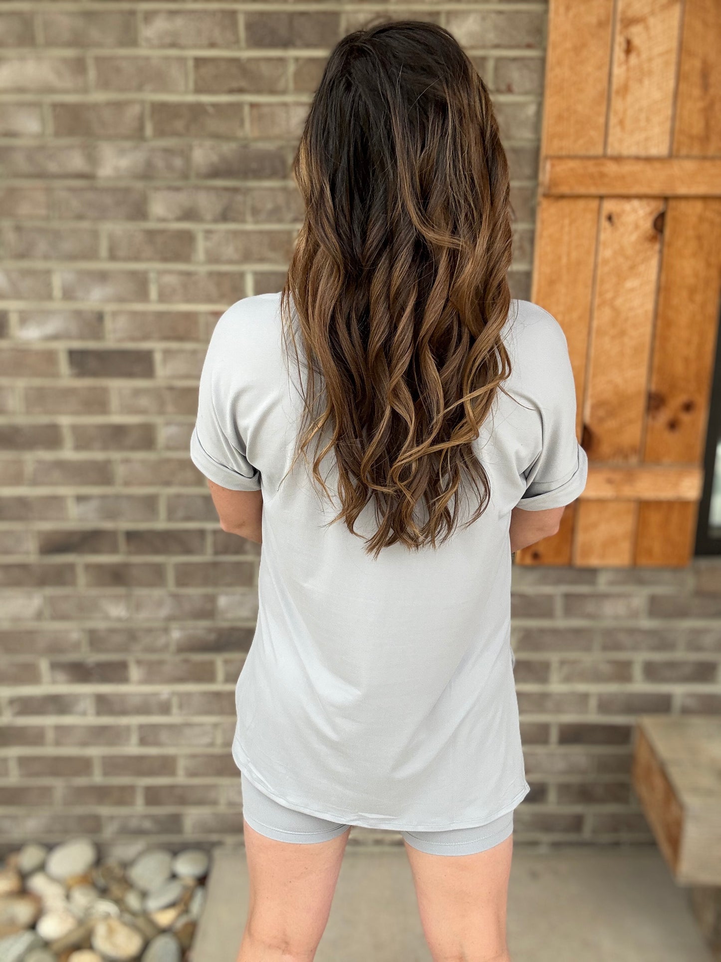 Lt Grey V-Neck Brushed Material Set *TOP & BIKER SHORTS*