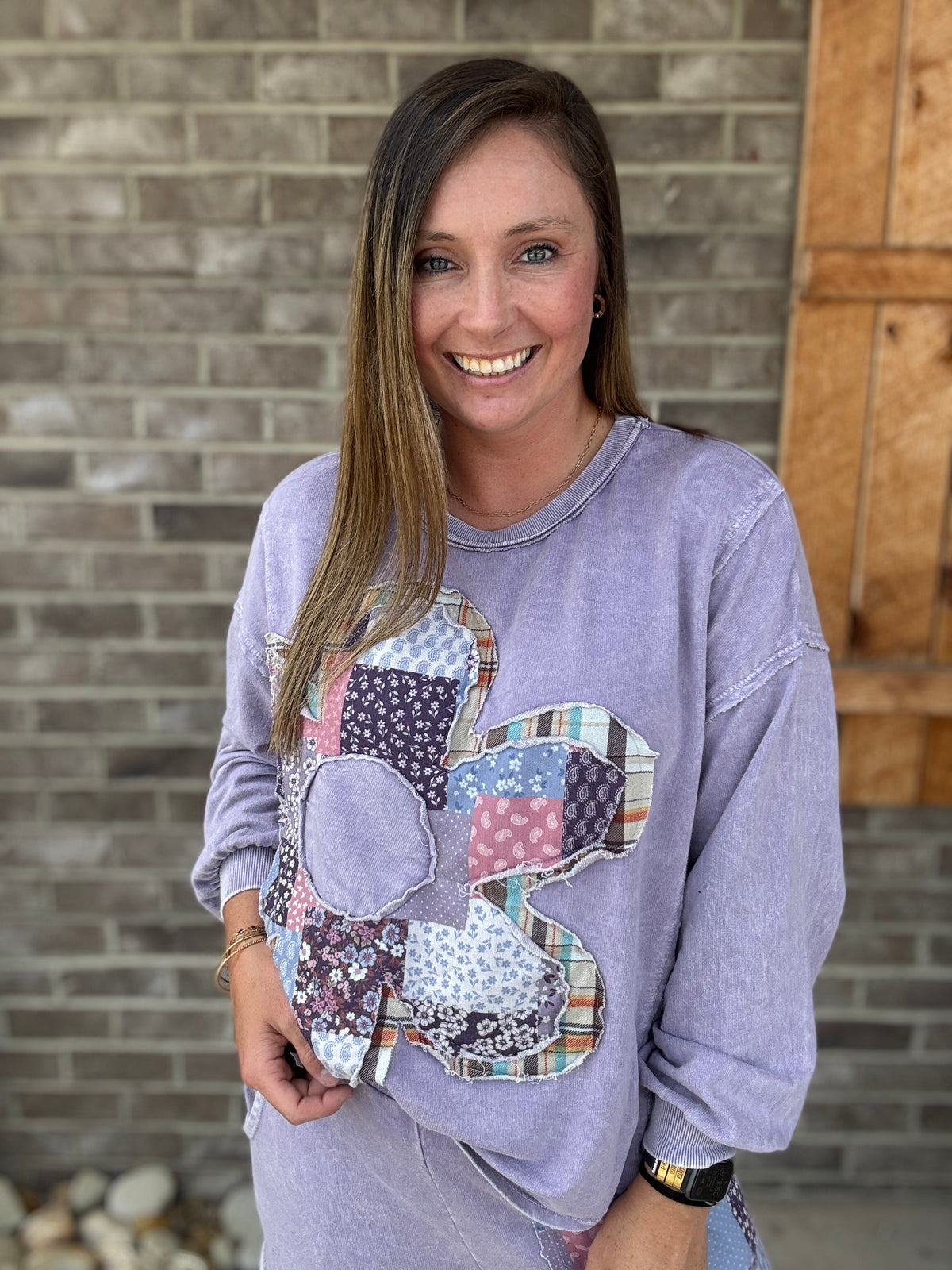 Moonbeam Mineral Washed Boho Patch Daisy Long Sleeve Sweatshirt by J. Her