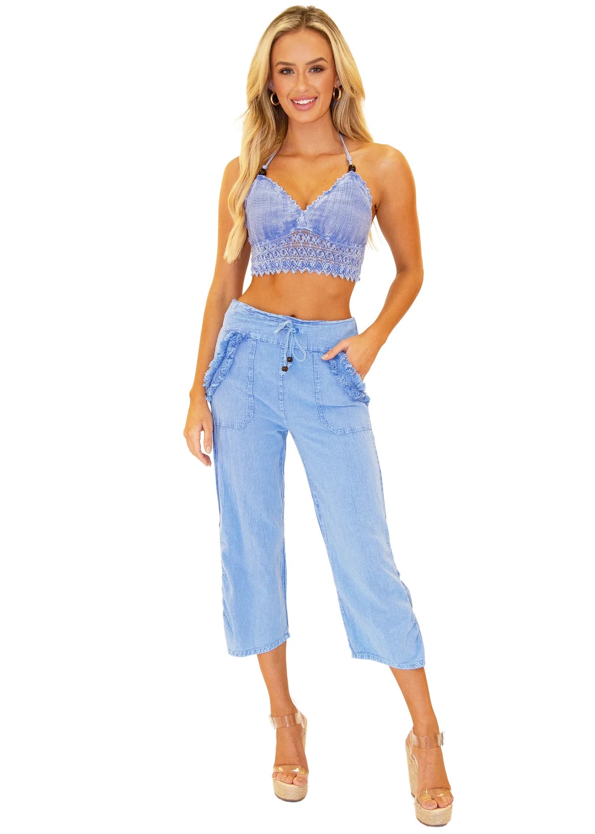 8113- Blue Cotton Pants w/ Fringe