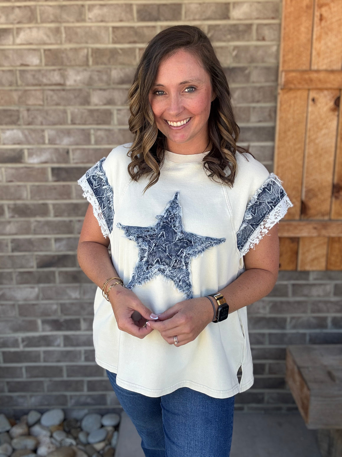 Natural Denim Star Patchwork Sleeveless T-Shirt by BlueVelvet