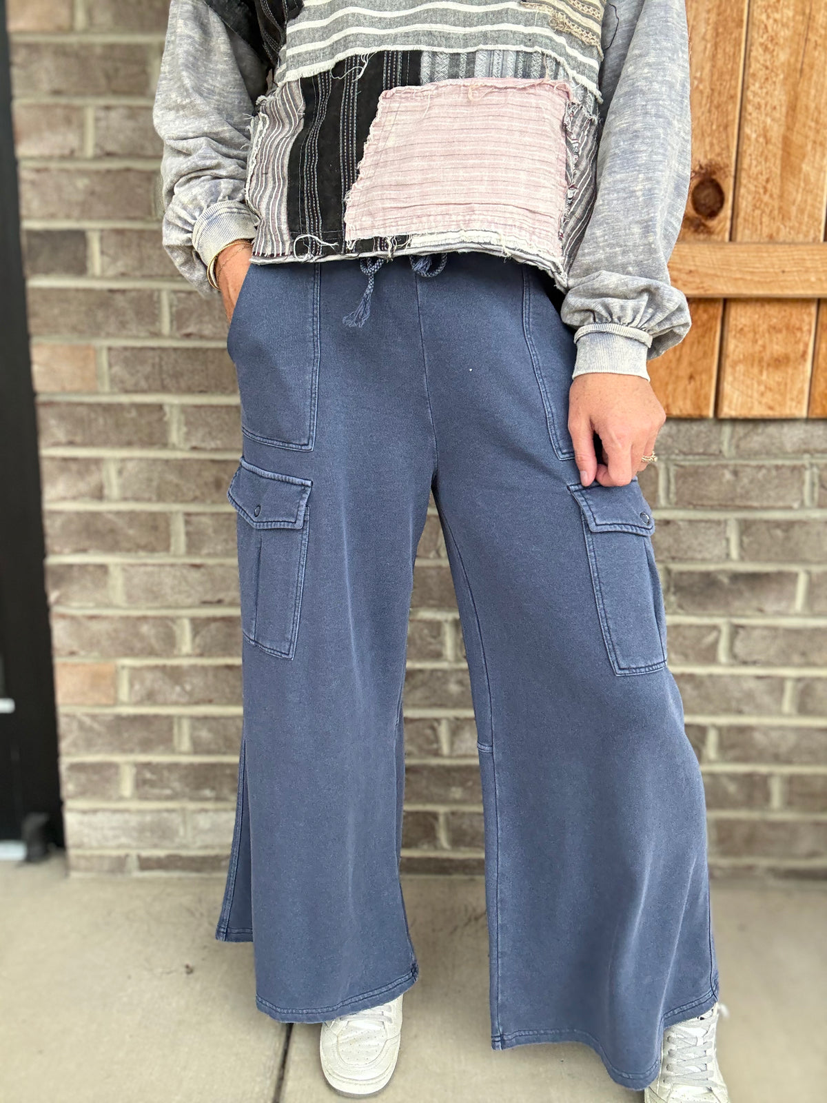 Navy Cotton French Terry Cargo Pants