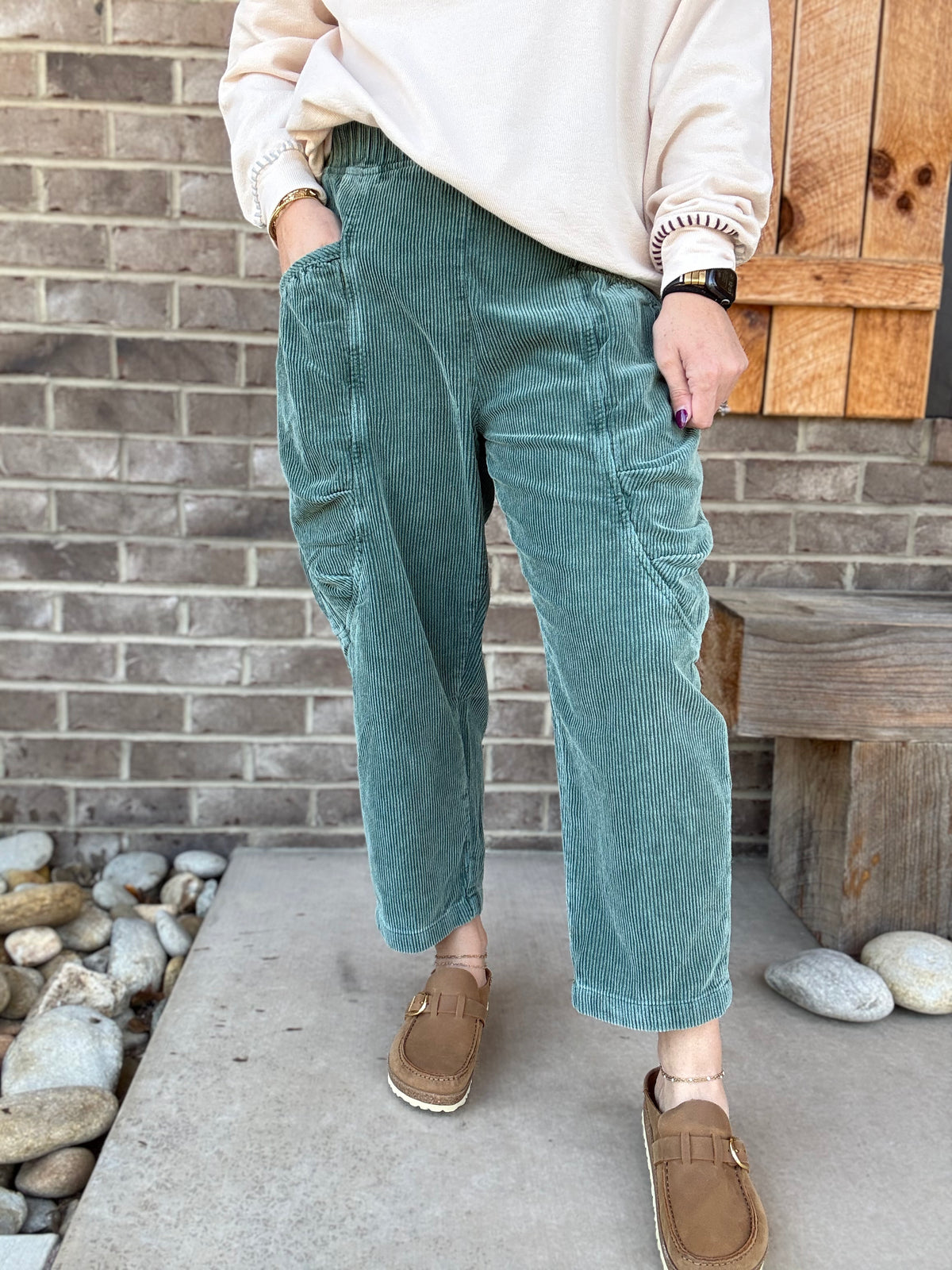Pine Green Washed Corduroy Barrel Pants by Easel
