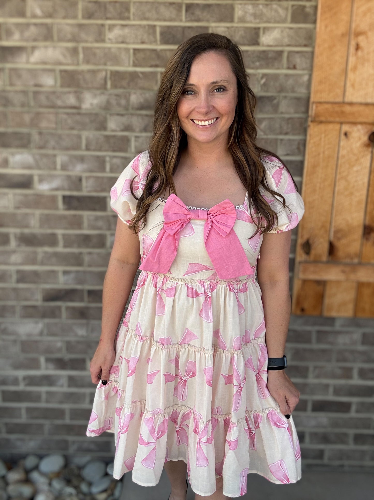 Pink Bow Print Puff Short Sleeve Smocked Back Dress