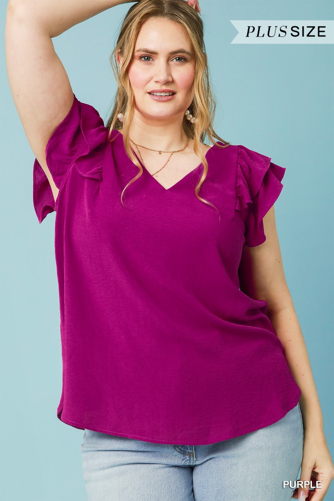 Purple Ruffle Edge V-Neck Top by Umgee