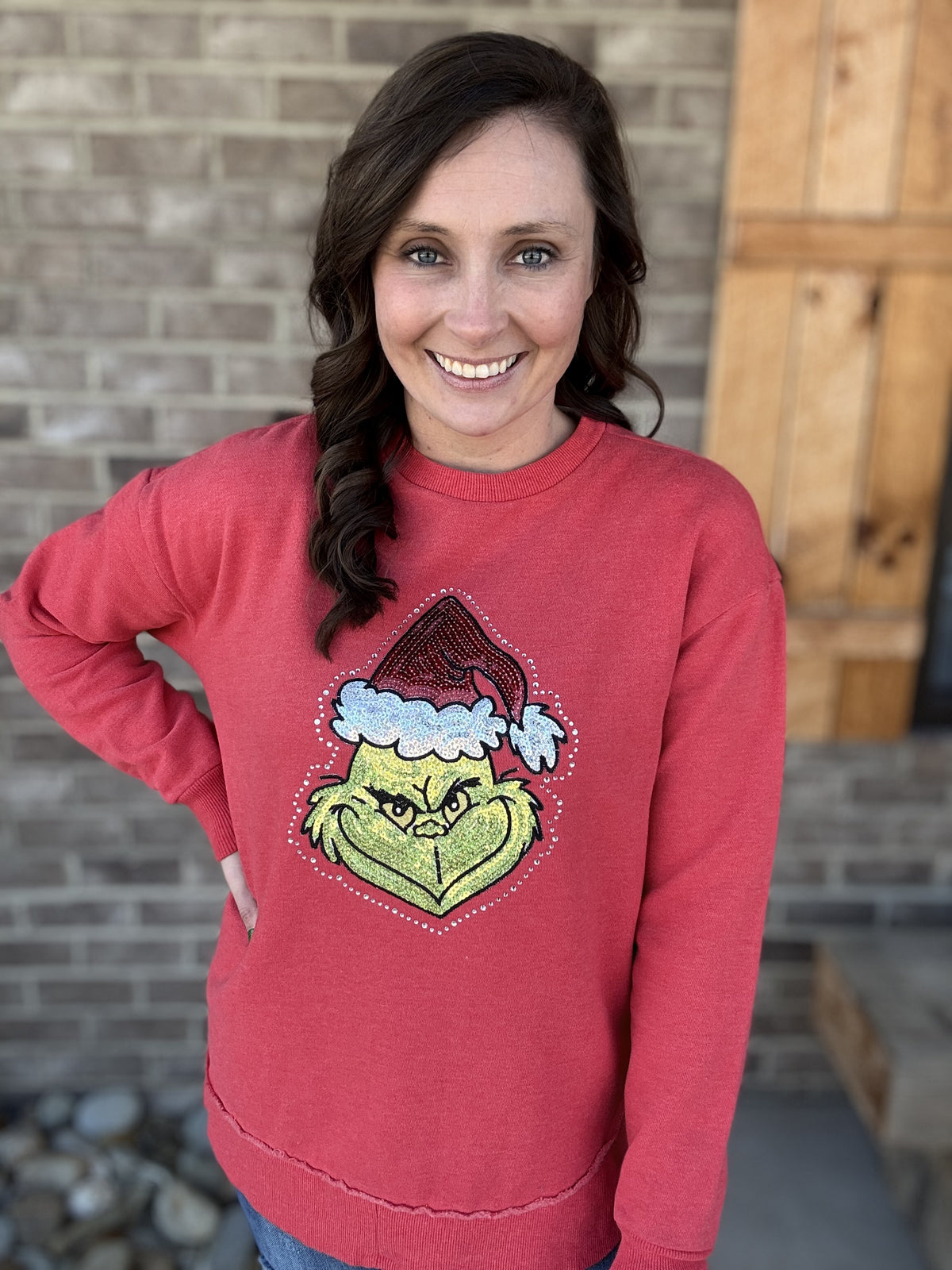 8363- Red Royce w/ Sequin Grinch Royce Scoop Hem Pullover *BRUMLEYS EXCLUSIVE*