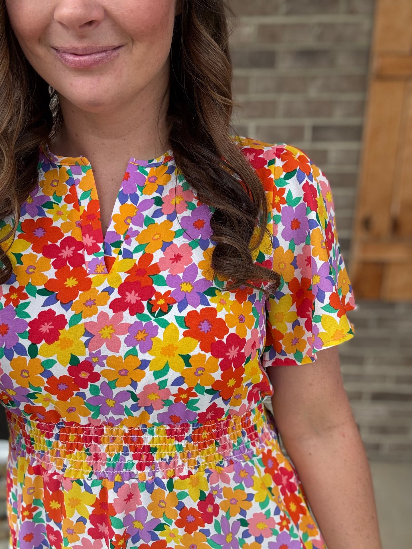 Red & Pink Floral Print Smocked Waist Tiered Dress
