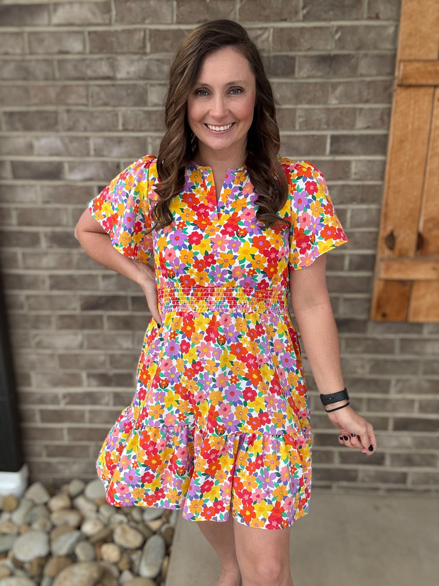 Red & Pink Floral Print Smocked Waist Tiered Dress